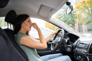 تصویر زنی که در ماشین بخاظر بوی بد بینی اش را گرفته